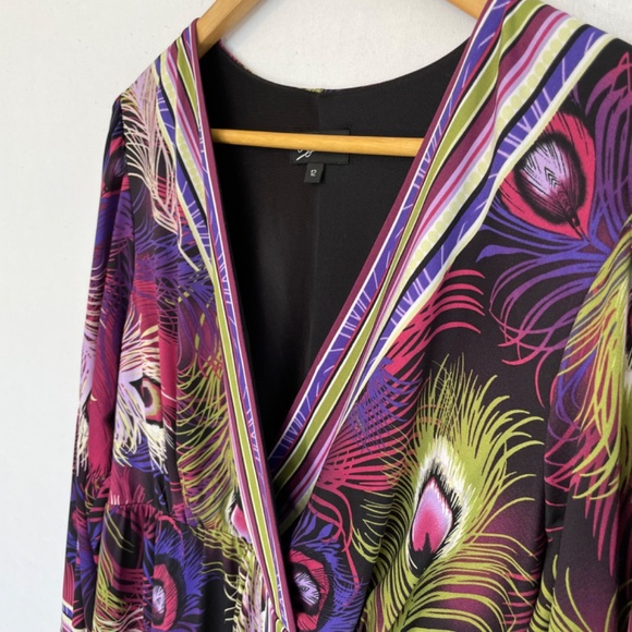 Oleg Cassini Long Sleeve Faux Wrap Dress Peacock Feathers Size 12 - Picture 2 of 6